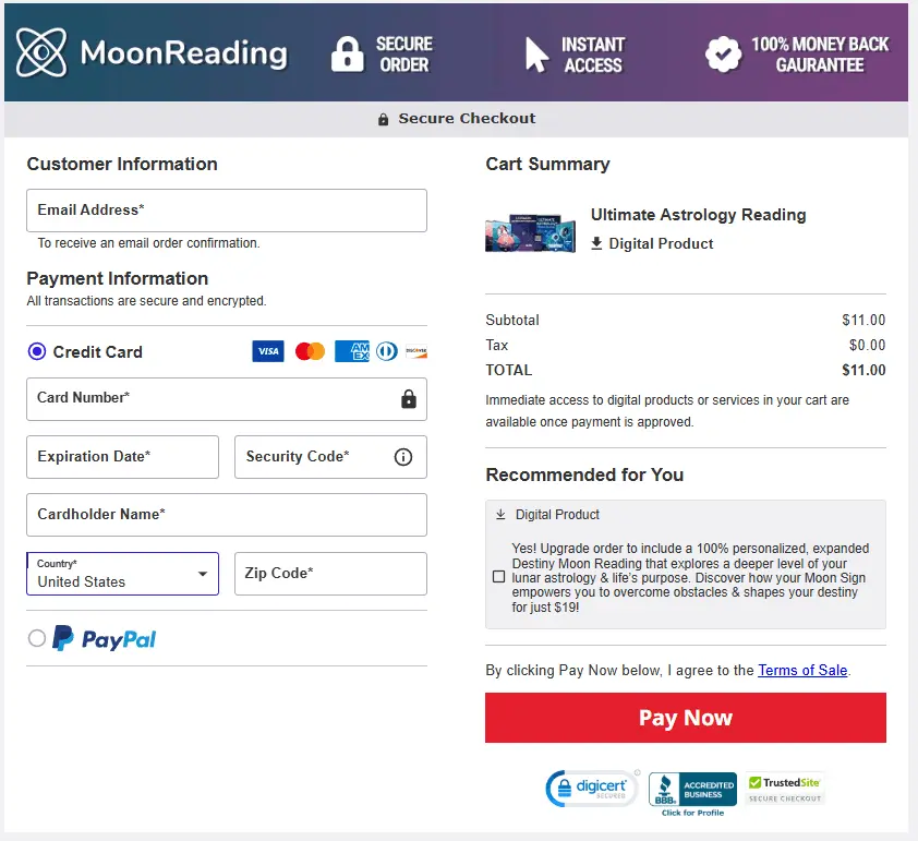 Moon Reading checkout page